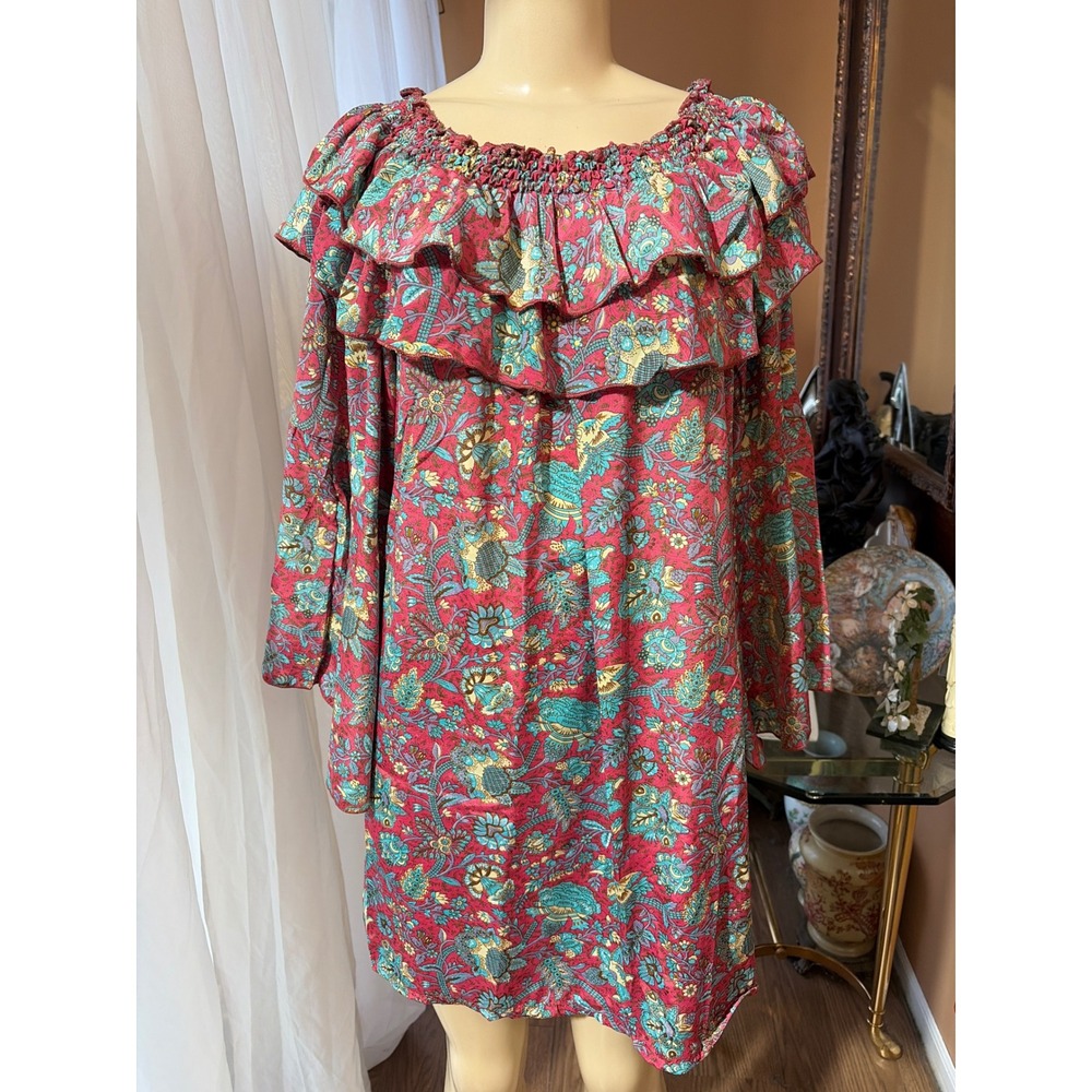 Earthbound Trading Co Boho Floral Ruffle Off Shoulder Mini Dress Pink XXL